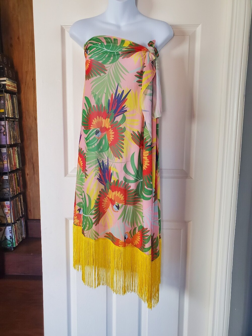 Tropical Fringed Sarong Multicolor Birds Print Sheer Beachy Summer Vacation Sml